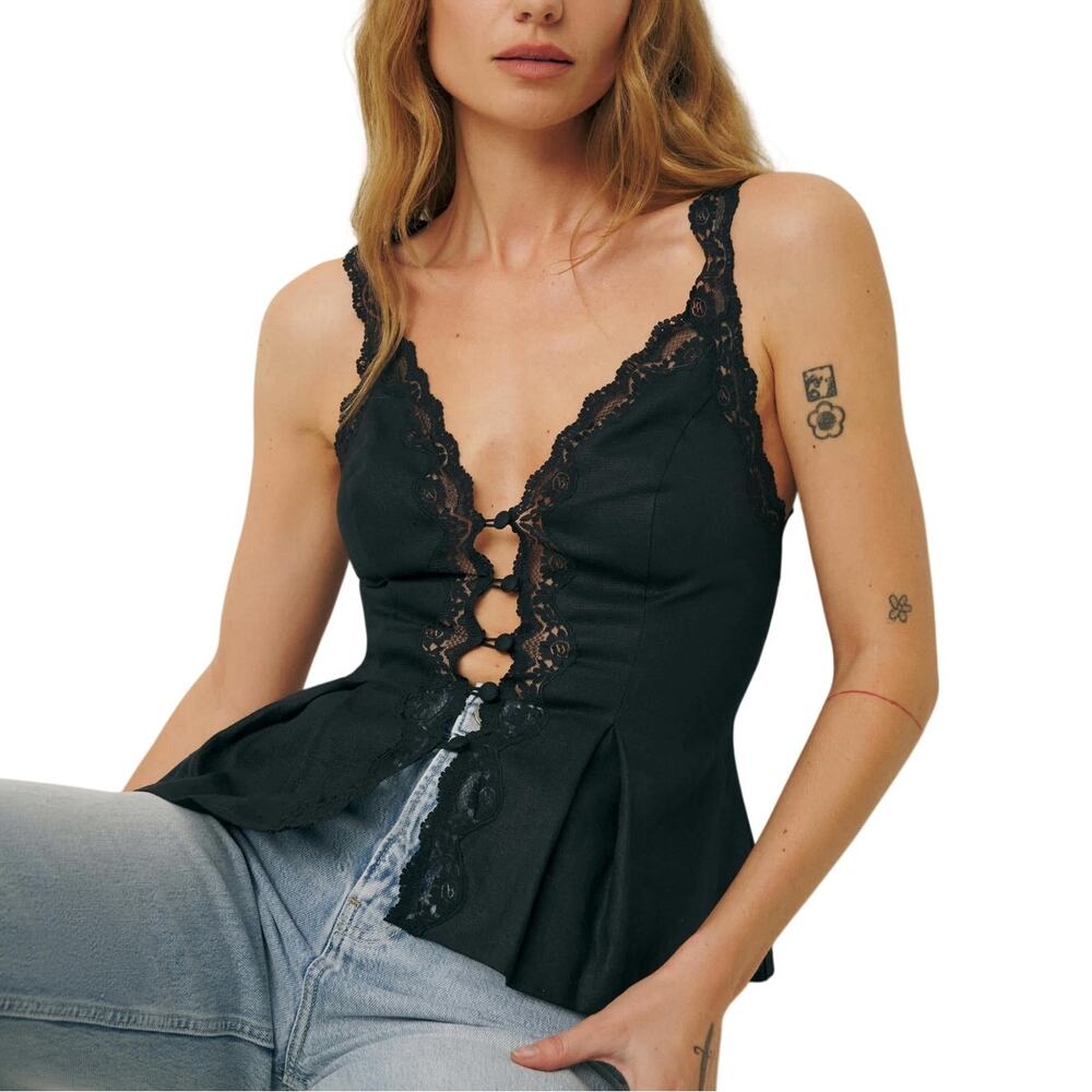 Reformation Lace Trim Black Josefina Top Size 2